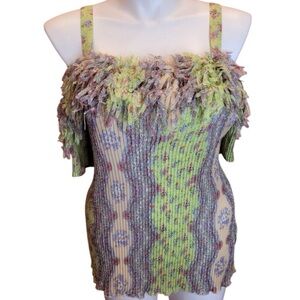 Kaely N-MAX Floral pleated cold shoulder short sleeve Top blouse fringe‎ Sz L
